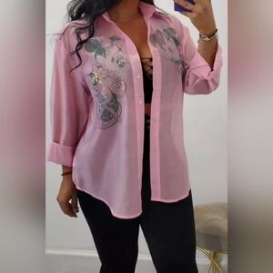 Pink Oversized Graphic Button Down Shirt